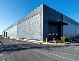 Modern industrial building exterior with loading dock.  Perfect for commercial, logistics, and industrial design projects.