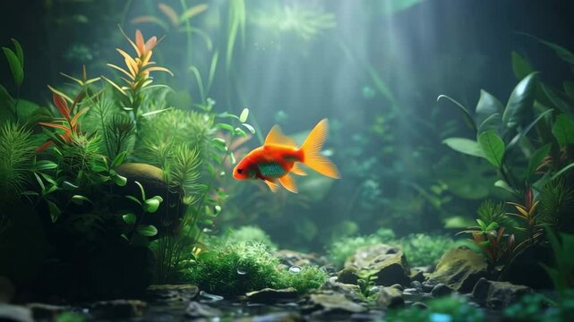 A serene underwater scene with vibrant aquatic plants and a goldfish swimming gracefully among the lush environment. - Powered by Adobe