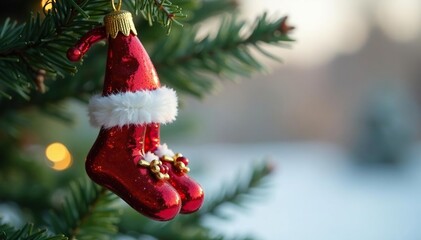 Obraz premium Close-up of whimsical elf shoes and hat ornament hanging on a tree , holiday, decoration, felt
