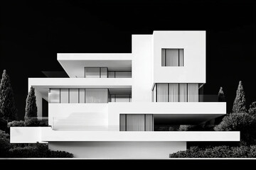 Minimalist white buildings featuring geometric shapes in a harmonious urban environment