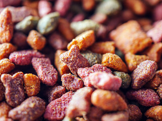 Cat pellet food, close-up of dry cat food mix, Pet Food Texture