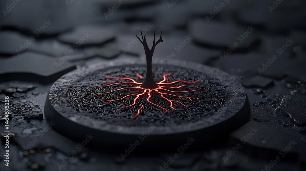 Poster abstract representation of a tree's roots emerging from a circular base, surrounded by fragmented, d