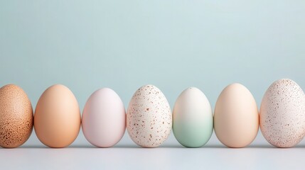 This image displays a delightful variety of colorful eggs arranged in a row, radiating joyous spring vibes and representing themes of renewal, fertility, and festive celebration.