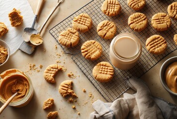 Fototapeta premium Freshly Baked Peanut Butter Cookies on a Cooling Rack Surrounded by Ingredients and Splatters on a Marble Countertop