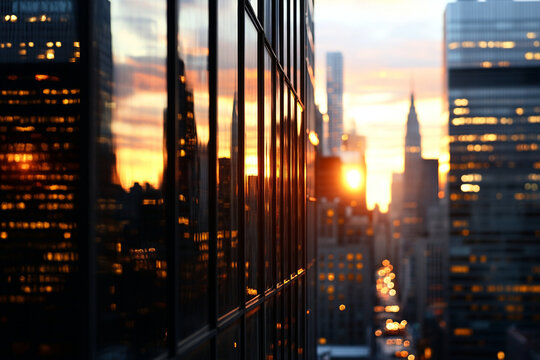 Modern skyscrapers capture sunset reflections with glowing city lights in the evening sky