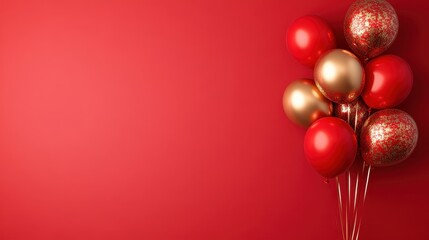 A stunning display of red and gold balloons decorates a vibrant red background, perfect for celebrations, parties, or any festive events creating a joyful atmosphere.