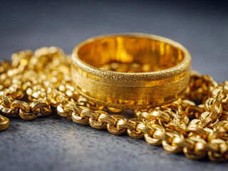 Gold price, gold jewelry, close-up of gold ring and gold necklace on grey background.