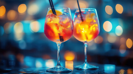 Two elegantly filled glasses with a drink captured in close-up showcasing their details