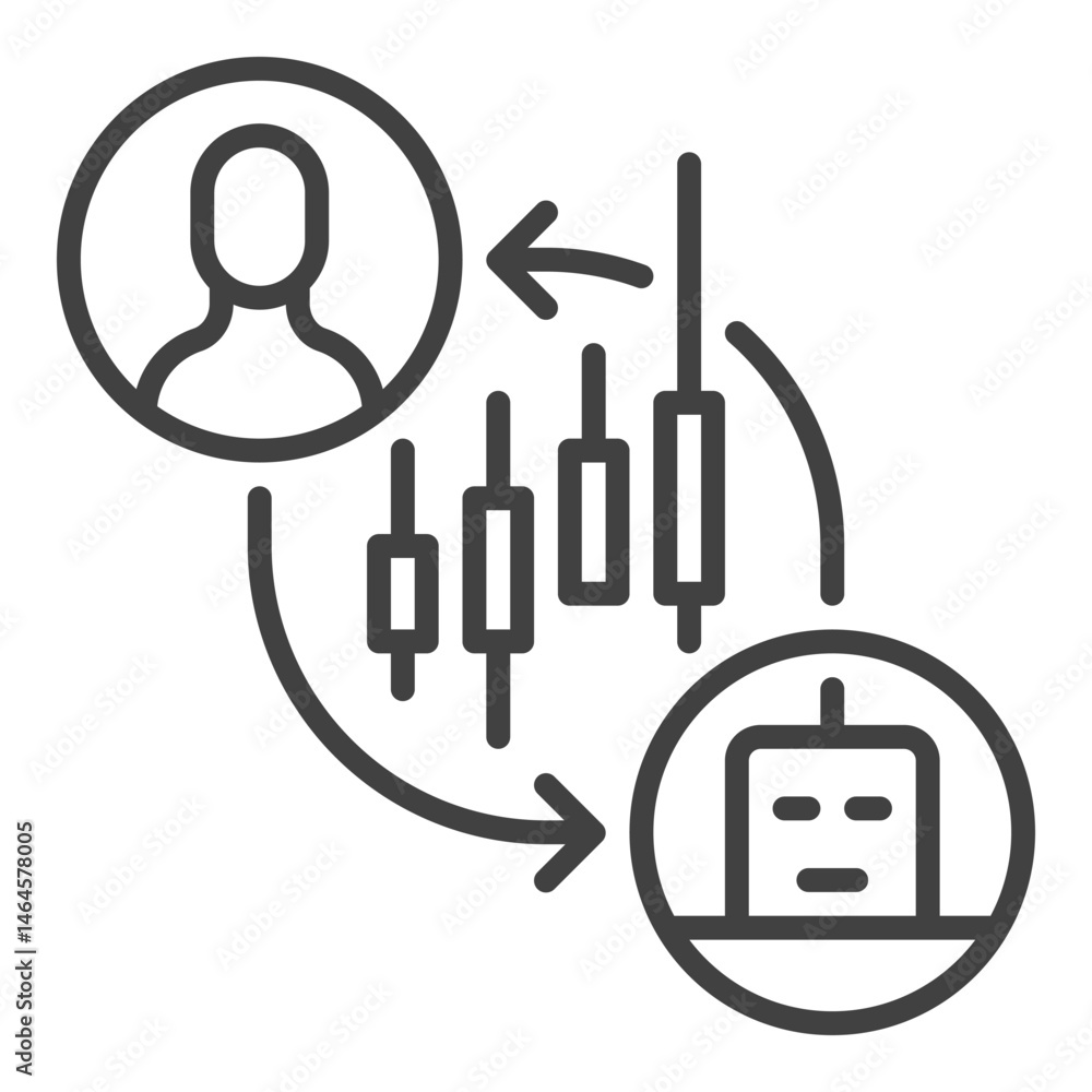 Poster stock and crypto trading bot and man vector automation tools outline icon or sign