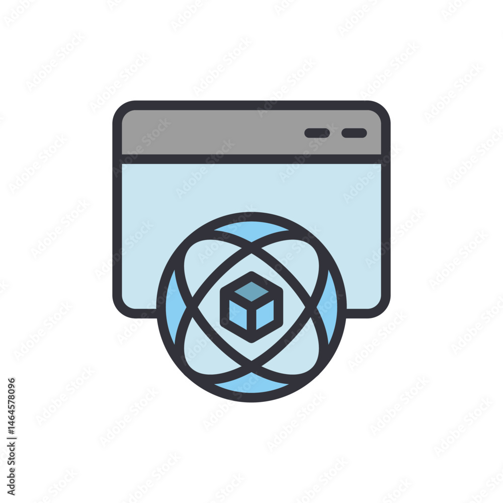Poster abstract illustration of browser window with global network icon and cube
