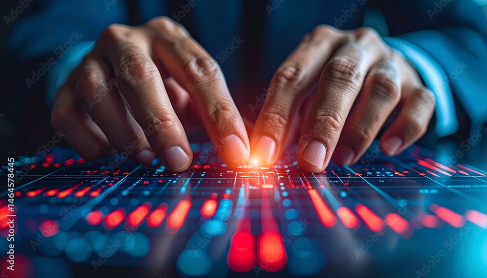 Aufkleber close-up of hands interacting with a futuristic digital interface, showcasing vibrant red and blue l