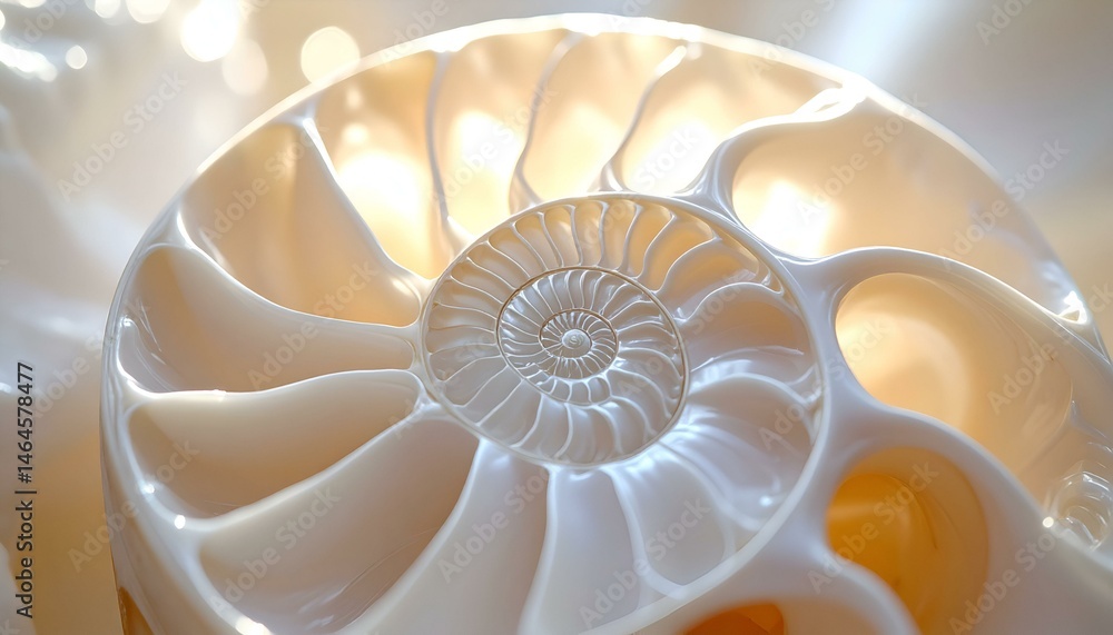 Poster stunning close-up of a pearly nautilus shell, showcasing its intricate spiral structure and warm, so