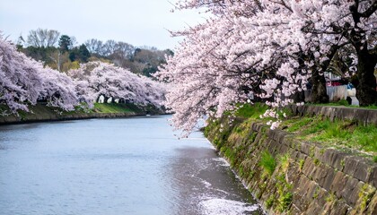 Serene spring scene Cherry blossoms frame a tranquil river.  Pink petals drift on calm water.