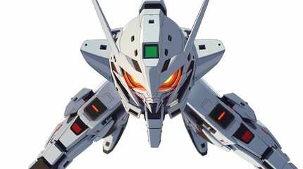 High angle perspective Isekai anime style depicting a futuristic robot on a white isolated background, expressive eyes, dynamic pose, looking down, elevated view.jpg