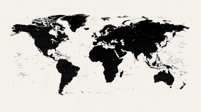 Detailed world map design in black and white.