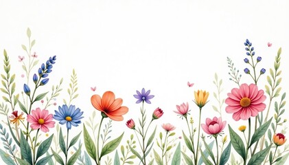 Naklejka premium Delicate watercolor wildflowers, soft pastel shades, scattered evenly, flowers, meadow, light