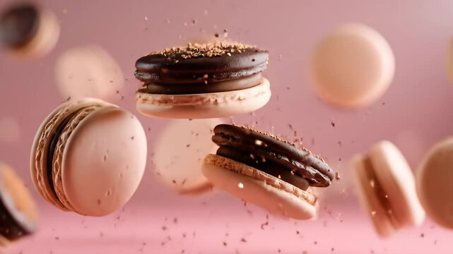 Levitation of assorted french macarons filled with chocolate cream on pink background. Flying sweet dessert cookies for pastries shop and bakery concept.