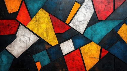 A bold and modern background in the Cubism style, with fractured shapes, overlapping forms, and a vibrant palette of primary and complementary colors 