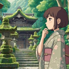A thoughtful Japanese girl in a subtly patterned kimono, standing on stone steps leading up to an old Shinto shrine nestled amongst lush greenery