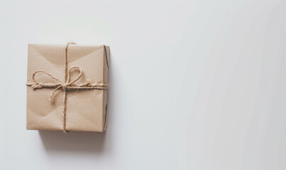 Mockup. brown paper-wrapped gift box tied with a simple twine bow on a white background