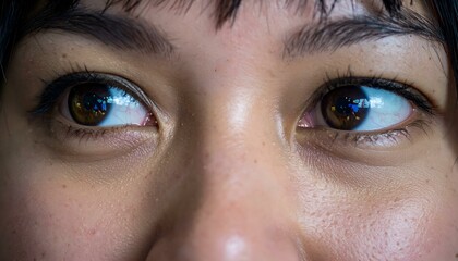 Fototapeta premium Close-up of a person's eyes, revealing intricate details of the iris, pupil, eyelashes, and surrounding skin texture.