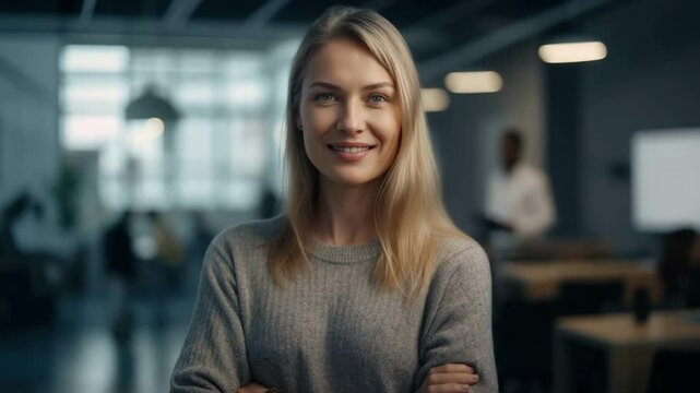 A woman with a warm smile exudes confidence in a modern office setting, highlighting positivity and professionalism.