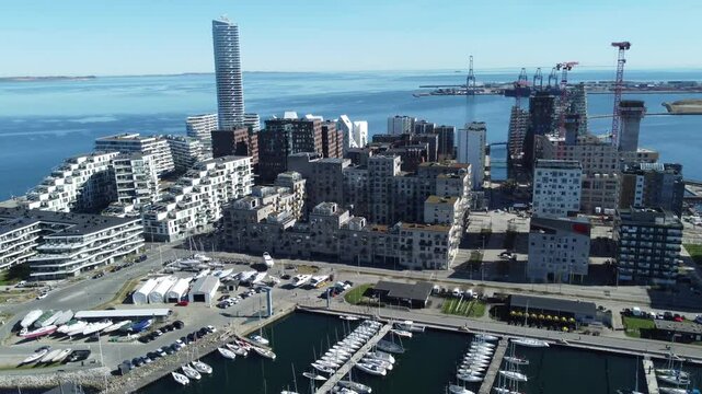 Aarhus oe with Lighthouse the marina and sailsport area. The comercial docks are in the background