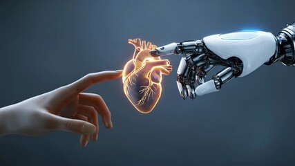 Woman's hand touches holographic heart near robotic hand. Future medicine concept with innovative technology, biotechnology and cyborg implant. - Powered by Adobe