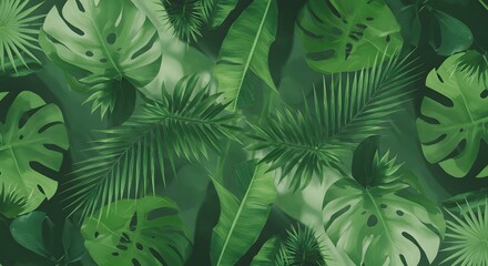 Abstract Green Foliage Background with Tropical Leaf Pattern