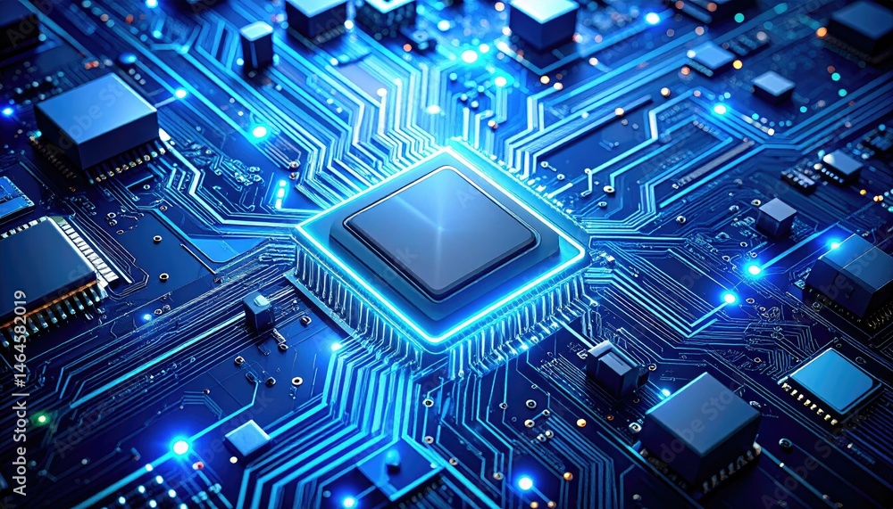 Poster close-up of a glowing blue circuit board with a central processor. perfect for tech, digital, and in