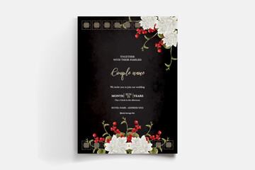WEDDING INVITATION FRAME WITH FLOWER DECORATIONS AND FRESH LEAVES