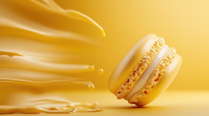 A delicious yellow macaron sits amid splashes of creamy filling, making a tempting treat that highlights its sweet, vibrant appeal and culinary artistry.