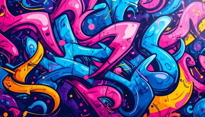Vibrant abstract graffiti art. Pink, blue, yellow, purple swirls and patterns. Bold, energetic, creative design. Ideal for backgrounds or prints.