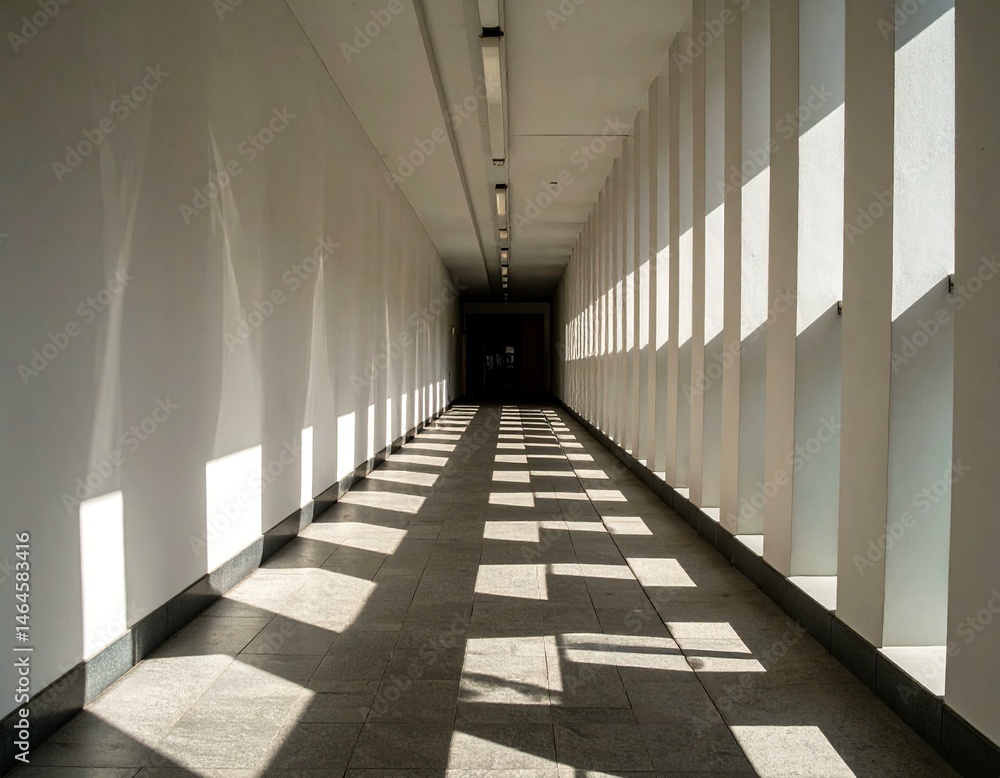Poster sunlit hallway with geometric shadows. modern architecture. abstract background.