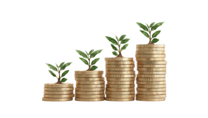 PNG gold coins and plant no bg sample mockup saving and wealth concept using for decoration.