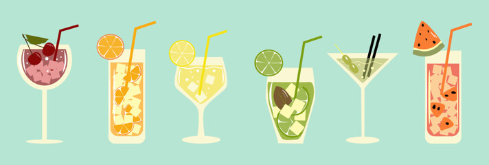 Cocktail Party, Nightclub. Set of flat poster, label, cover. Different glasses according to the menu. Alcoholic drinks.