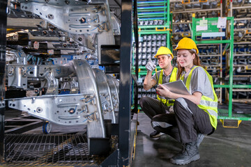 Female and male workers use tablet working in metal car part warehouse, import export, logistic...