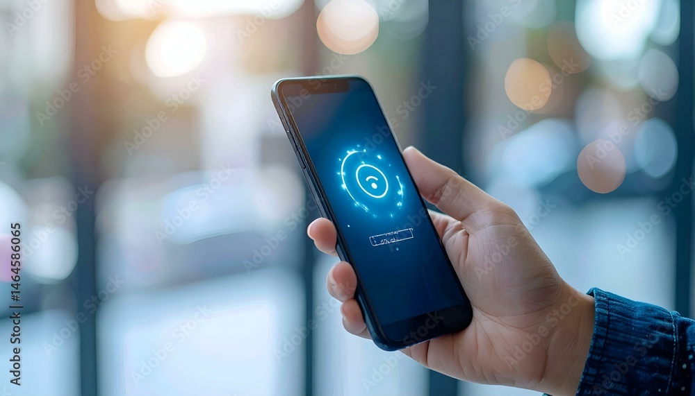 Aufkleber person holding smartphone displaying futuristic blue wifi connection interface. image ideal for tech