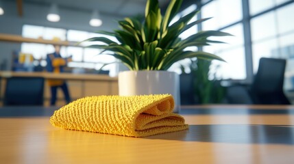 Obraz premium Modern office environment with a vibrant green plant in a white pot and a neatly folded yellow towel on a wooden desk, bright lighting, contemporary workspace