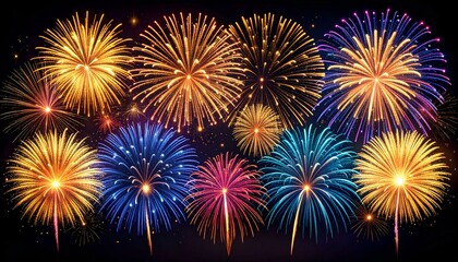 Fototapeta premium Vibrant fireworks display at night. Multiple colorful fireworks exploding in the dark sky. Perfect for celebrating holidays or special occasions.