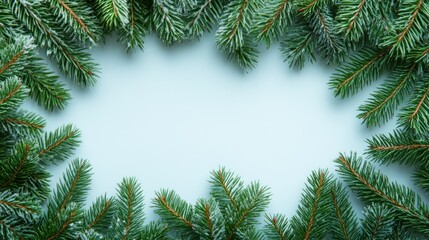 Fresh evergreen sprigs frame a light blue background