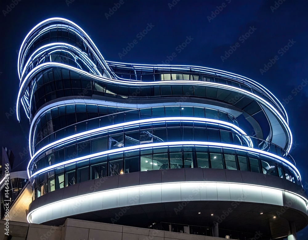 Poster night view of a modern building with illuminated curves and glass facade. perfect for architectural,