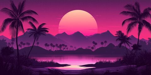 Naklejka premium Stunning Retro Tropical Landscape With Vibrant Sunset and Palm Trees