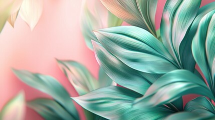Lush, teal leaves against a soft pink background.  Close-up view of vibrant, textured foliage, evoking a sense of springtime freshness and botanical beauty