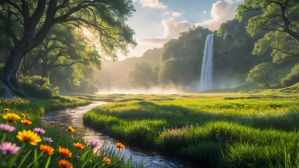 Waterfall meadow scene with flowers and stream