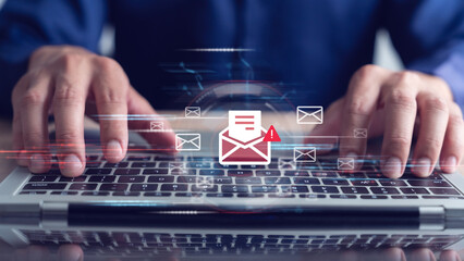 Email inbox with spam virus warning message to alert about internet security threats, spam email pop-up warning.