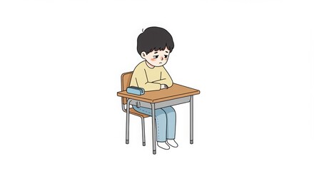 Fototapeta premium Boy sitting sadly at a desk in an empty classroom 