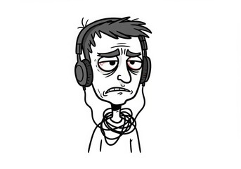 Disheveled young man wearing headphones, looking frustrated against white background  