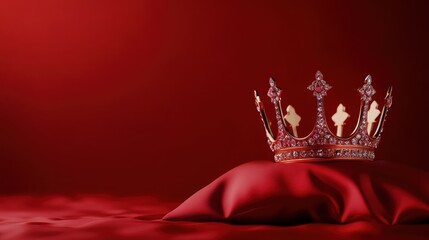 A majestic crown rests elegantly on a plush red pillow, symbolizing royalty and power, showcasing intricate details and sparkling jewels in luxurious surroundings.