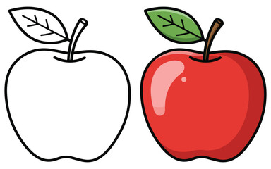 Apple Fruits Line Art Vector Outline Illustration Black and White with Coloring Sample